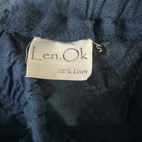 Len Ok Womens 100% Linen Midi Skirt Blue Beachy Size Small Pockets Stretch Waist - Picture 4 of 4